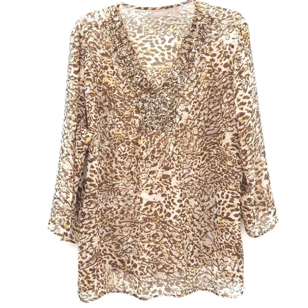 Chico's Leopard Print Braided V-Neck Tunic Top Women Size 3 (XL) Brown Chiffon